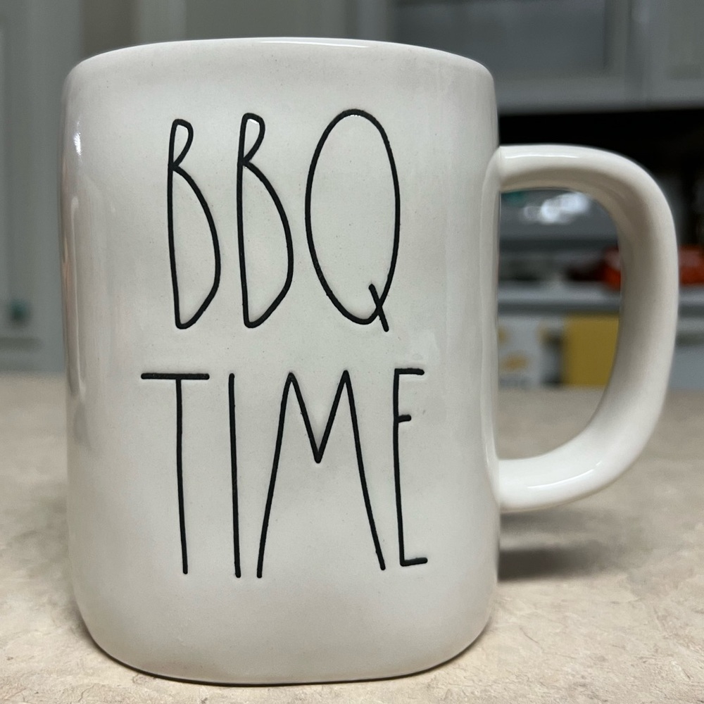 Rae Dunn, ‘BBQ Time’ mug. Purple-ish Maroon inside.